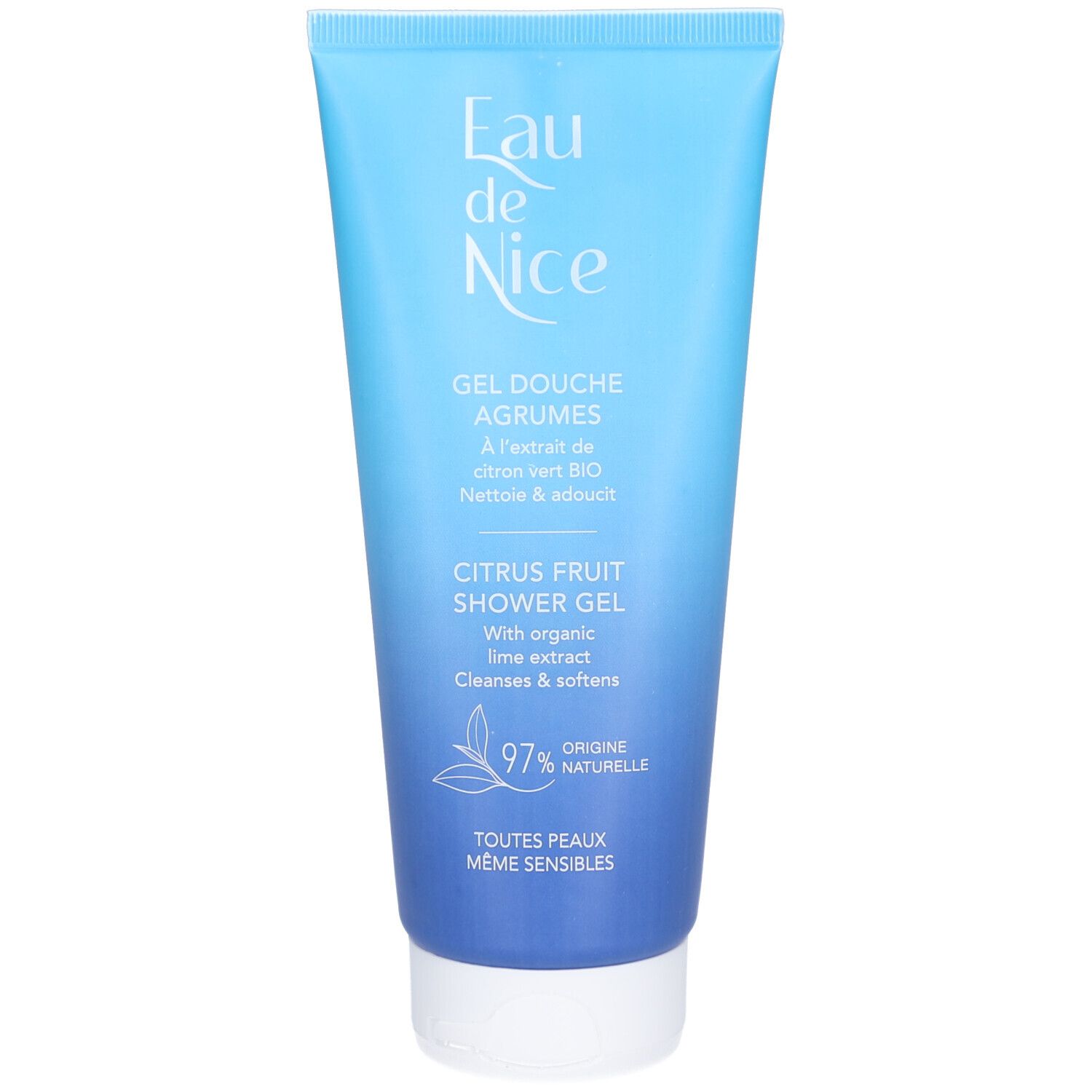 Tube bleu et blanc. Inscription: EAU de Nice, Gel Douche Agrumes, Citrus Fruit Shower Gel. 97% origine naturelle.