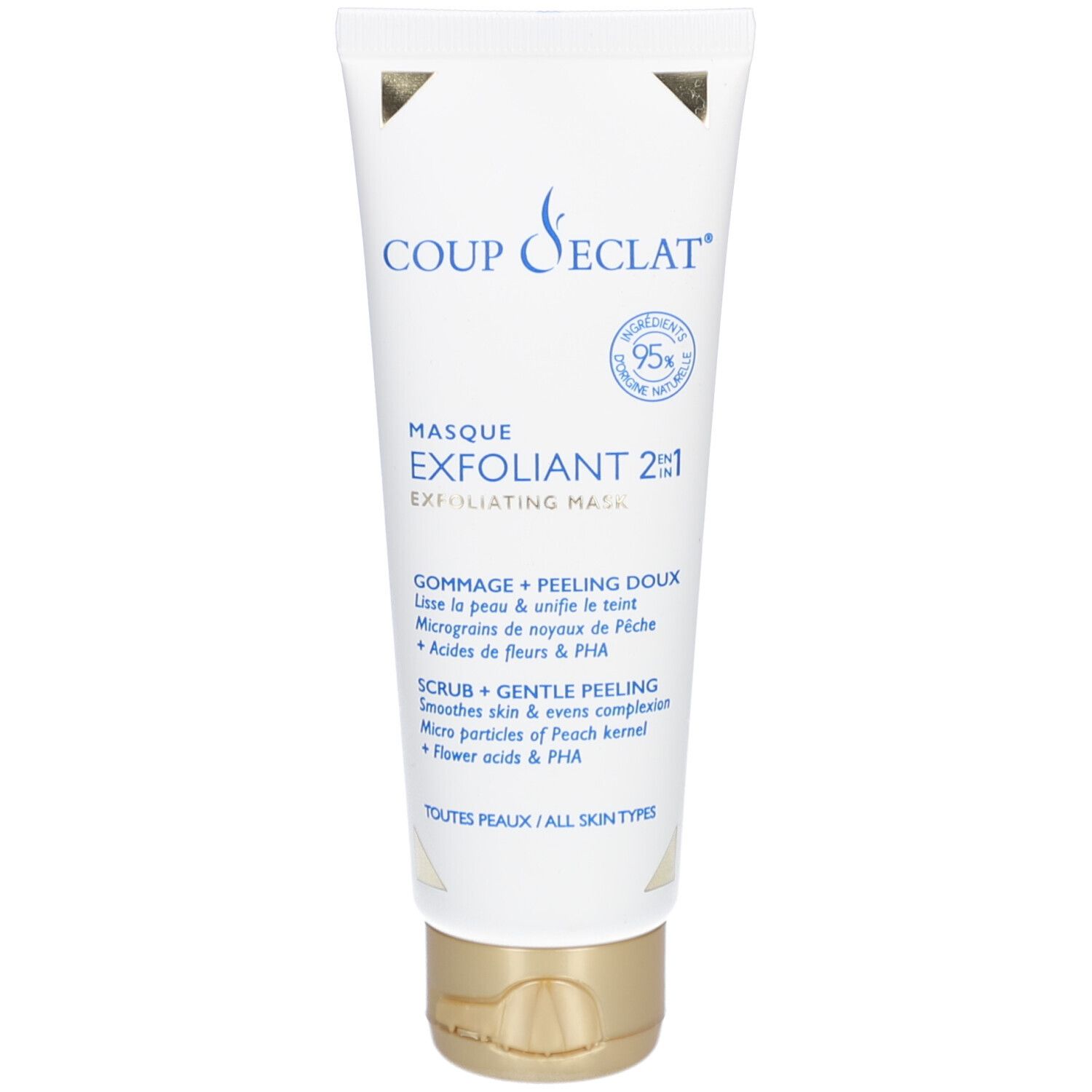 Tube blanc avec texte bleu. "COUP D'ECLAT" et "MASQUE EXFOLIANT 2EN1" visibles. Bouchon doré.