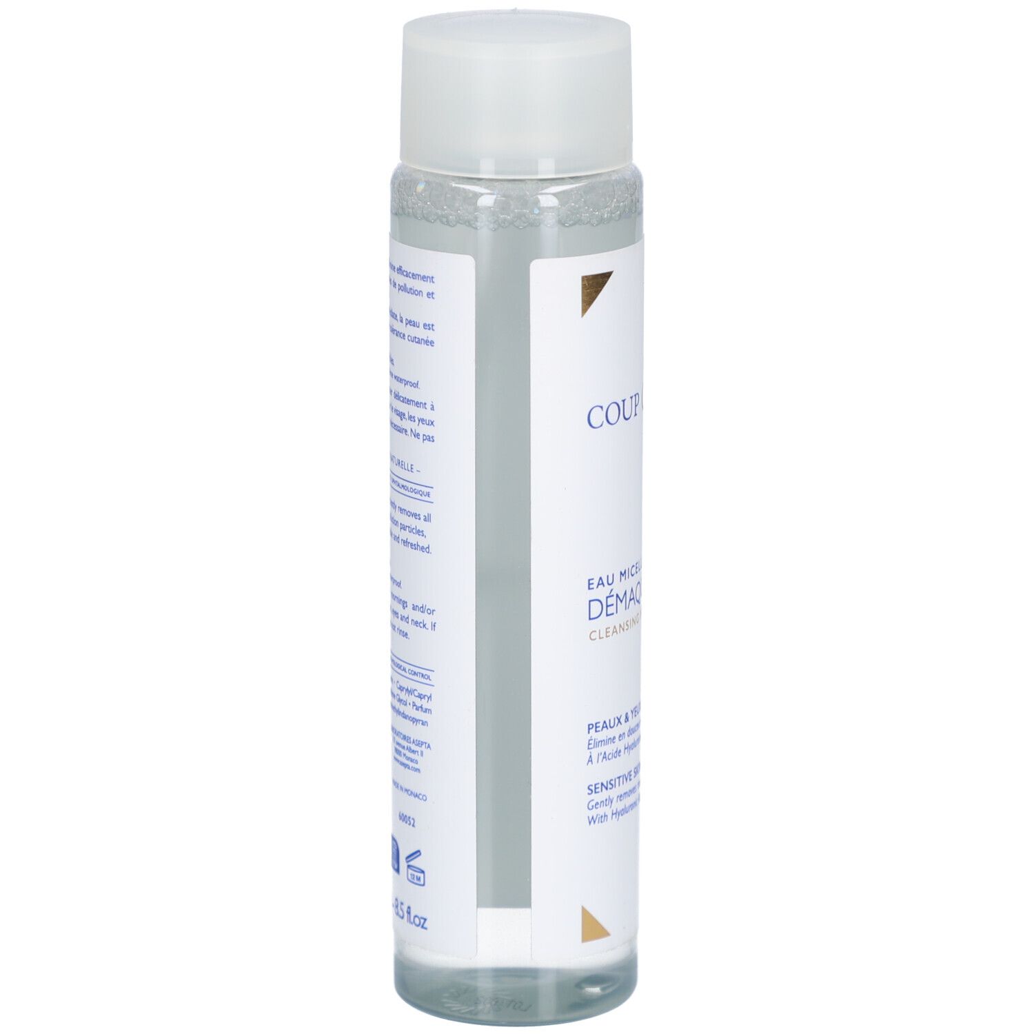 Dos du flacon. Texte en français. Contient des informations sur l'utilisation et les ingrédients. Avec logo.