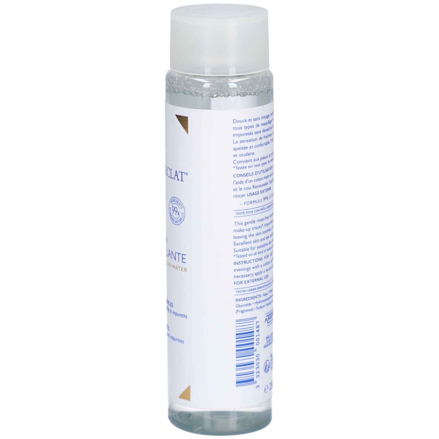 Dos du flacon. Texte en français. Informations sur l'utilisation et les ingrédients. Avec logo.