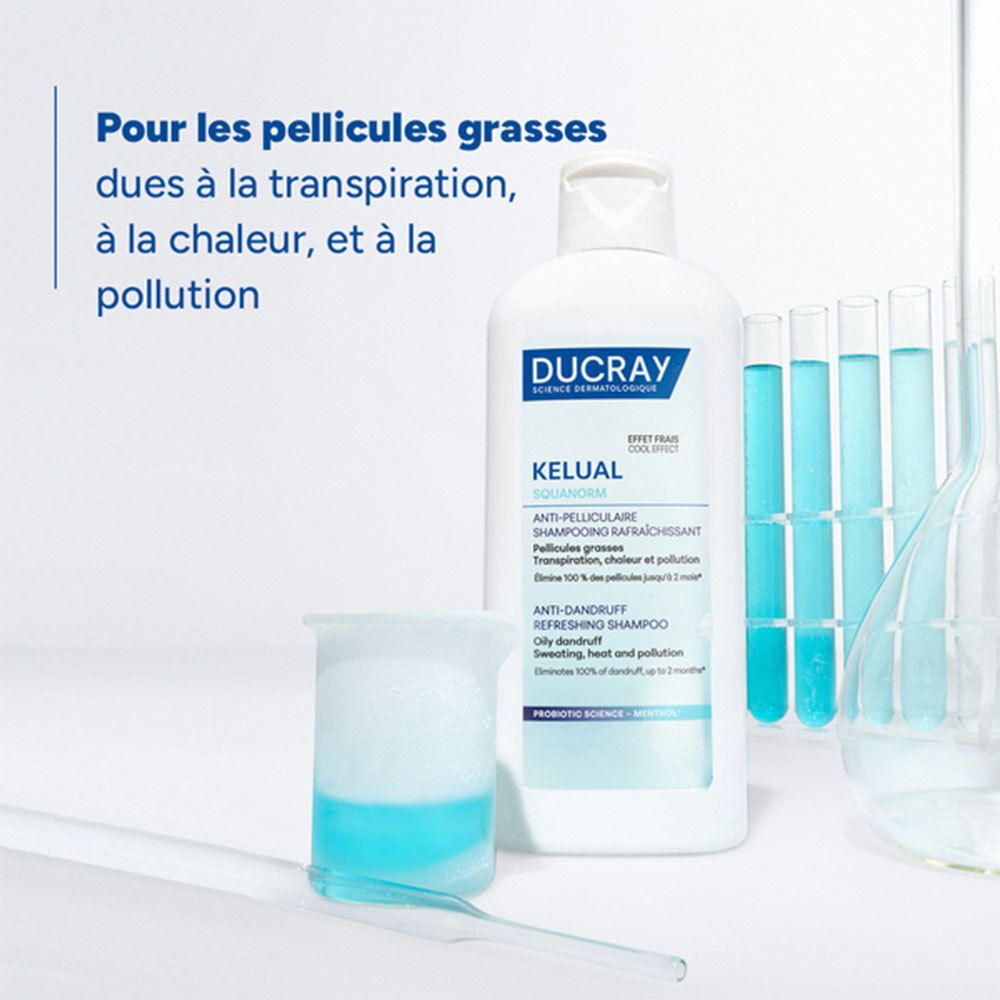 Flacon et matériel de laboratoire. Texte: Pour pellicules grasses dues à transpiration, chaleur et pollution.