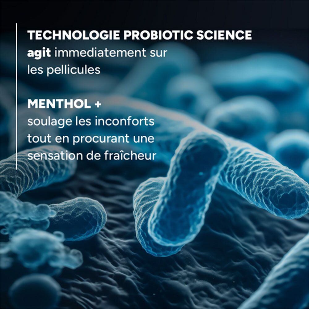 Vue microscopique. Texte: Technologie Probiotic Science agit sur pellicules. Menthol + soulage.