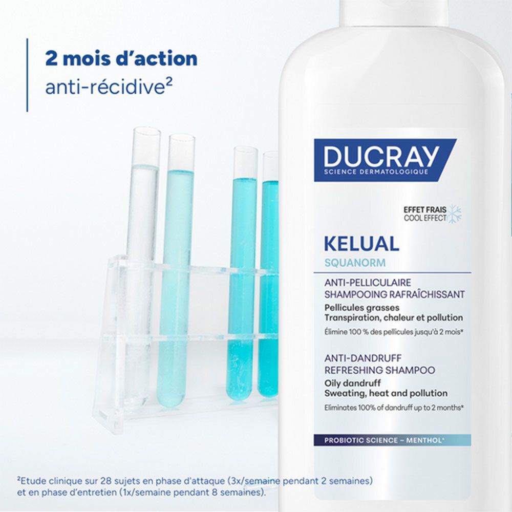 DUCRAY Kelual Squanorm Shampooing Rafraîchissant Anti-Pelliculaire. Flacon à côté de tubes à essai. Texte : 2 mois d'action anti-récidive.