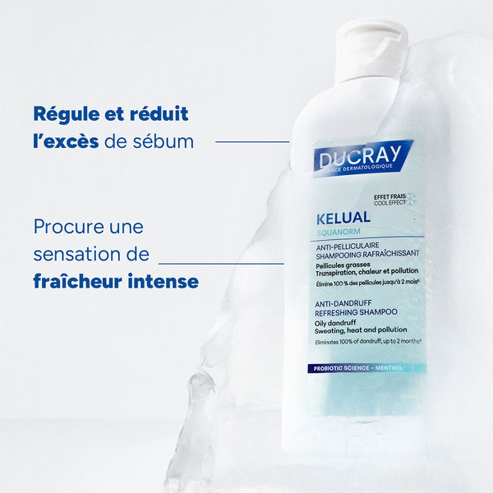 DUCRAY Kelual Squanorm Shampooing Rafraîchissant Anti-Pelliculaire. Texte : Régule et réduit l'excès de sébum. Procure fraîcheur.