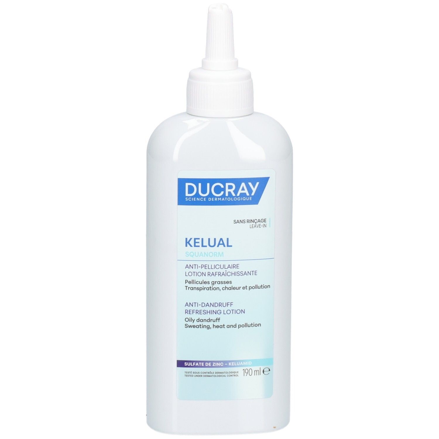 Flacon blanc avec applicateur pointu. Inscription bleue : Ducray, Kelual, lotion antipelliculaire. 190 ml.
