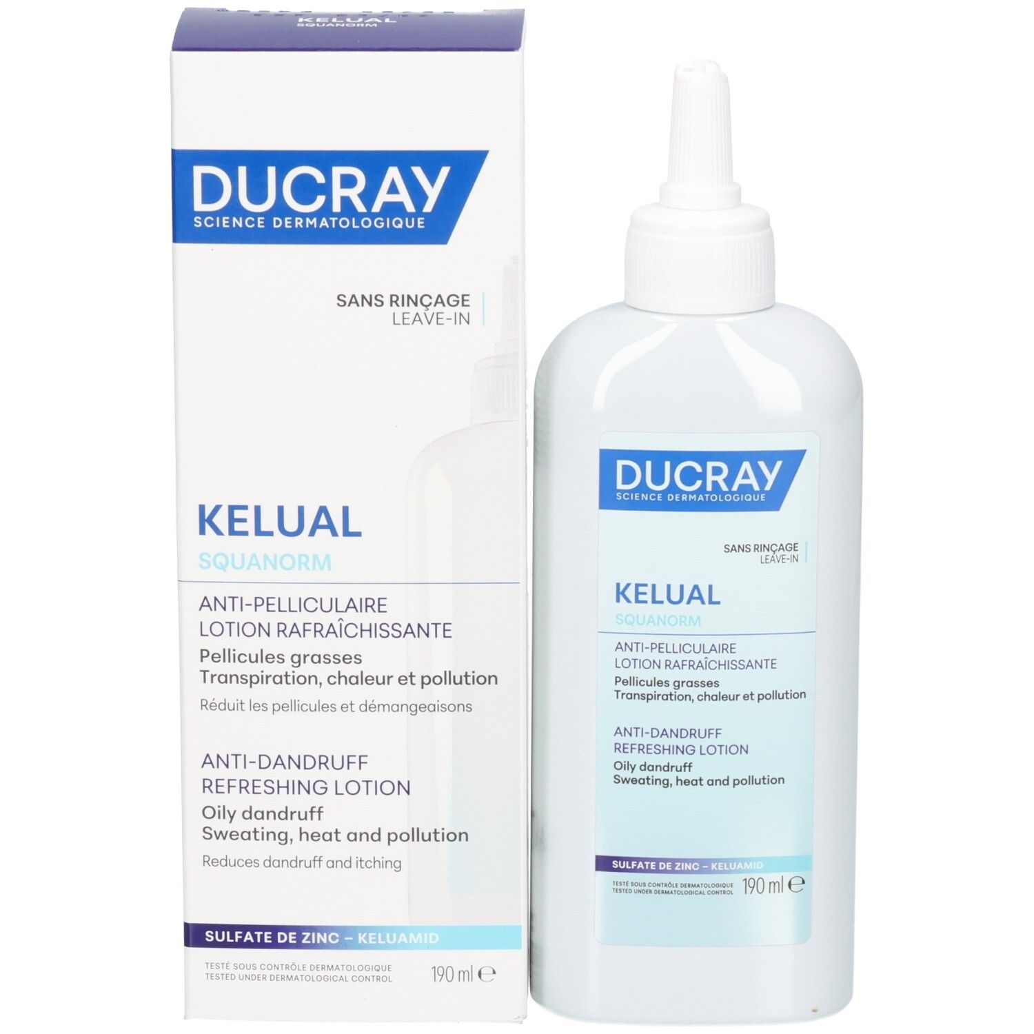 Produit et emballage. Flacon blanc et carton. Inscription bleue : Ducray, Kelual, lotion antipelliculaire.