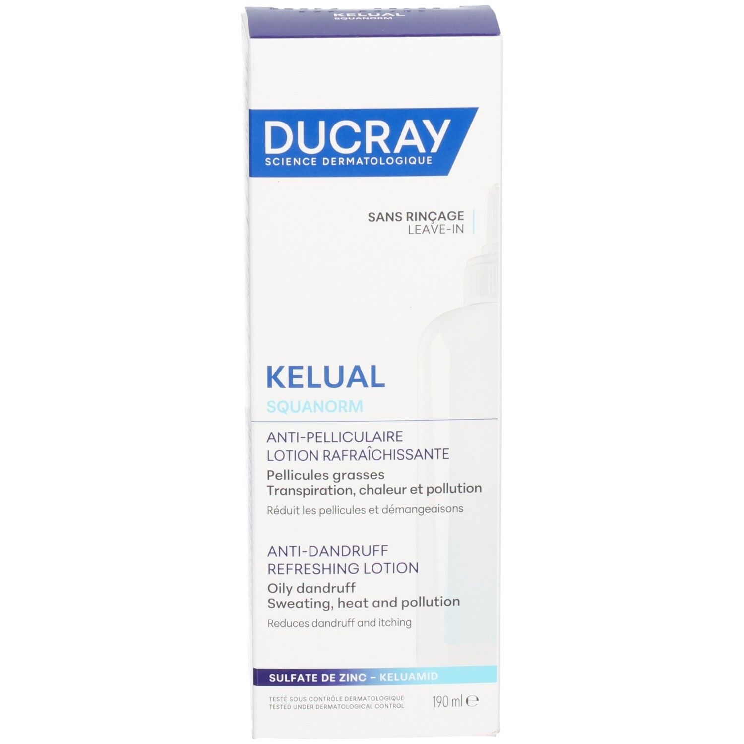 Emballage en carton. Inscription bleue : Ducray, Kelual, lotion antipelliculaire. 190 ml.