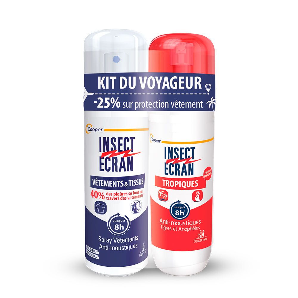 Deux sprays anti-moustiques : un pour vêtements, un pour zones tropicales.