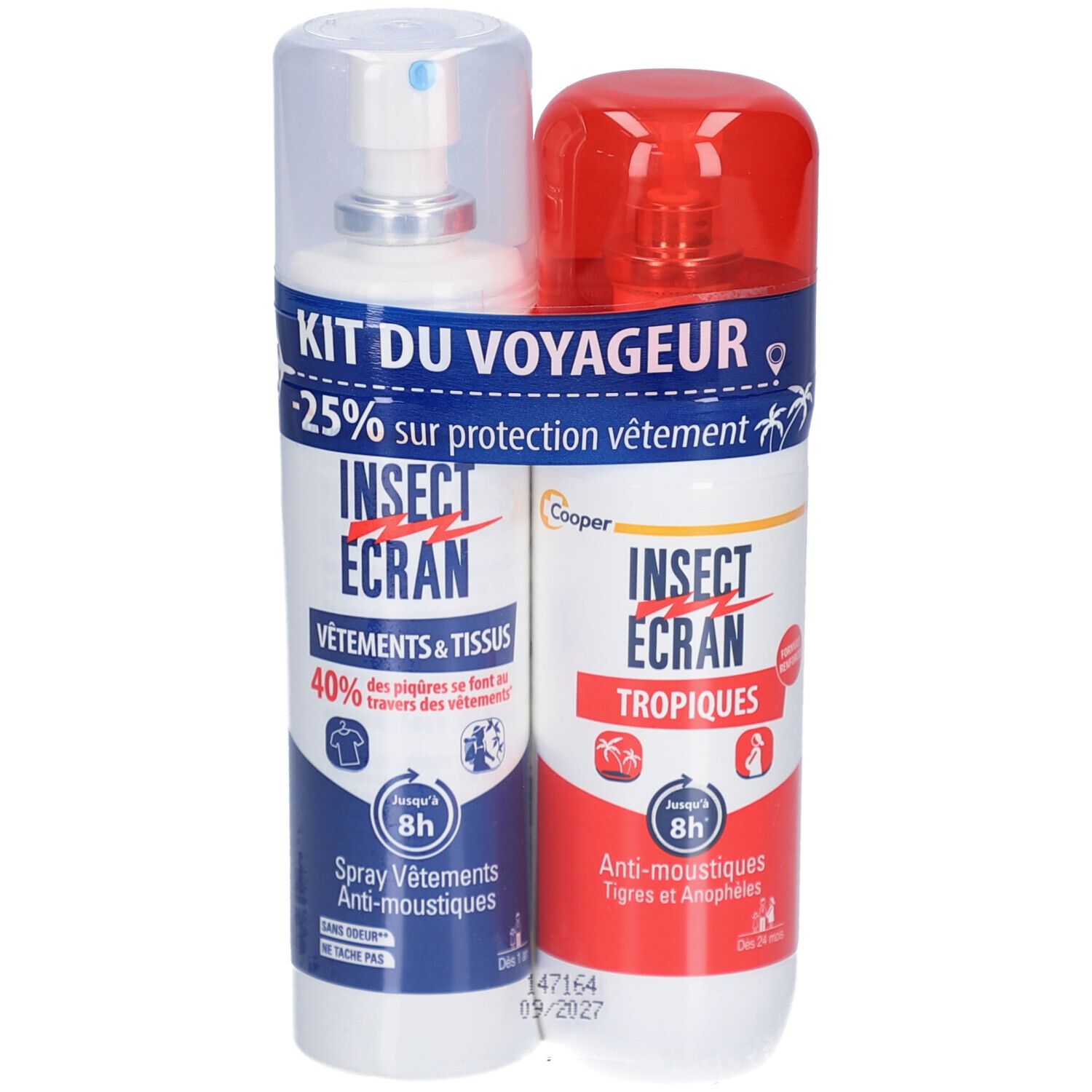 Deux sprays INSECT ECRAN. L'un pour vêtements et tissus, l'autre pour zones tropicales. Emballage avec texte "KIT DU VOYAGEUR".