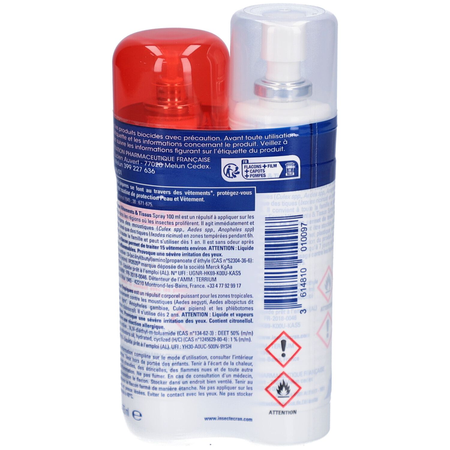 Dos des sprays INSECT ECRAN. Informations textuelles, avertissements et code-barres. Flacons rouges et blancs.