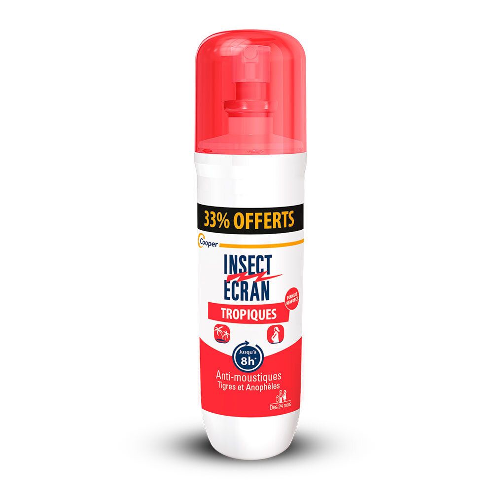 Spray Cooper Insect Ecran Tropiques avec bouchon rouge. Protection 8h contre les moustiques.
