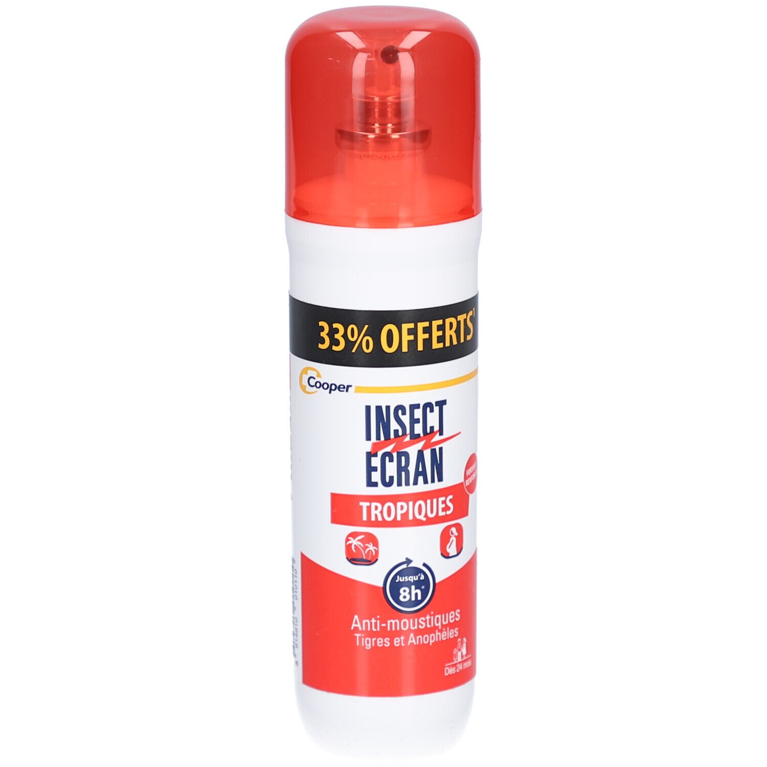 Flacon spray blanc et rouge. Texte: INSECT ECRAN TROPIQUES, 33% OFFERTS, Anti-moustiques. Tête de pulvérisation rouge.