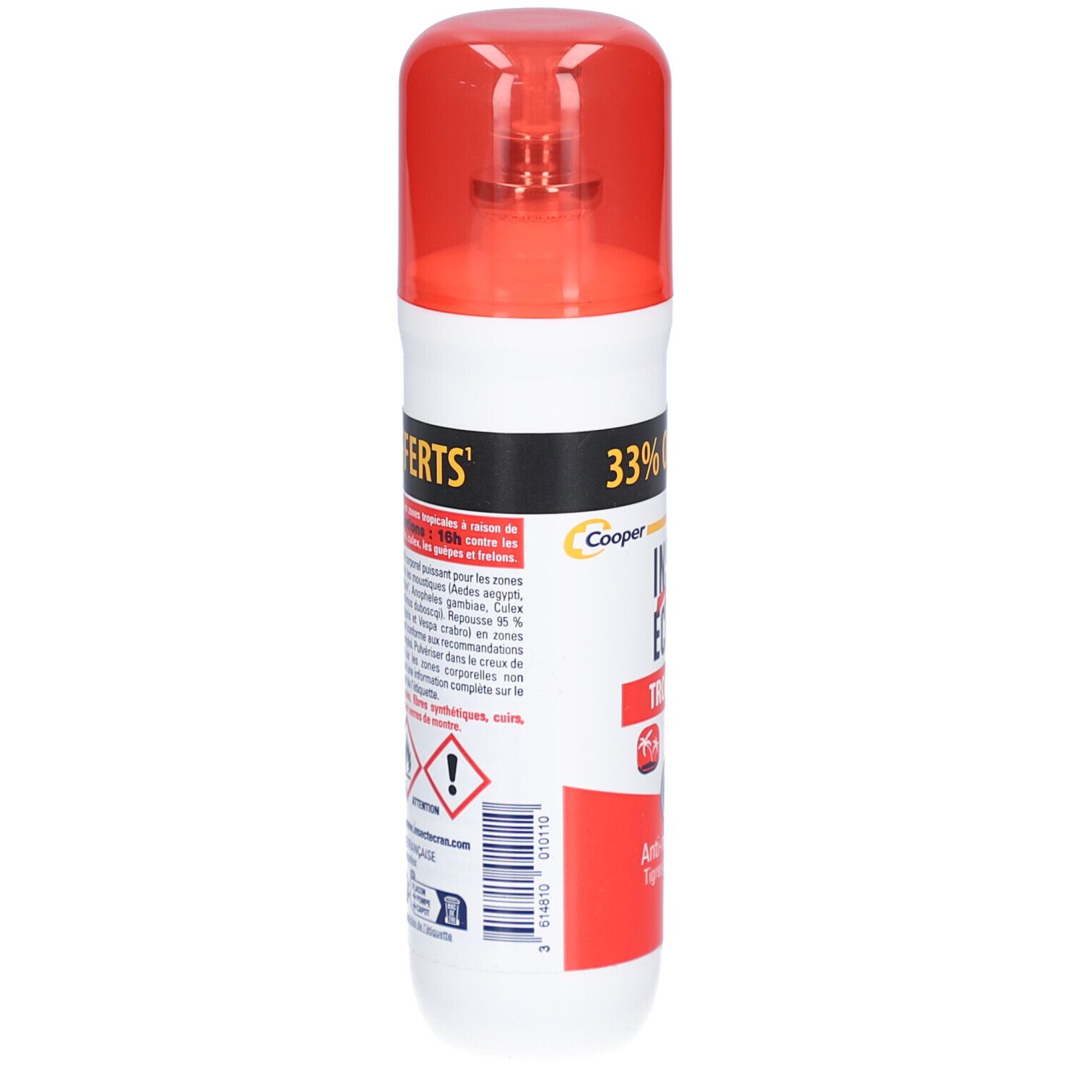 Flacon spray blanc et rouge. Texte: INSECT ECRAN TROPIQUES, 33% OFFERTS. Dos avec texte et symboles d'avertissement.