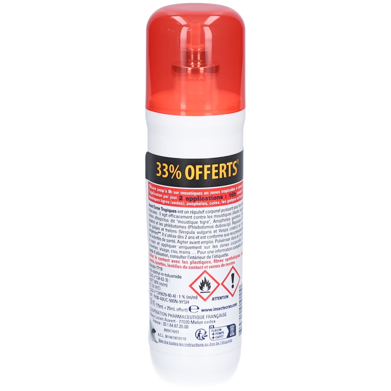Flacon spray blanc et rouge. Texte: INSECT ECRAN TROPIQUES, 33% OFFERTS. Dos avec texte.