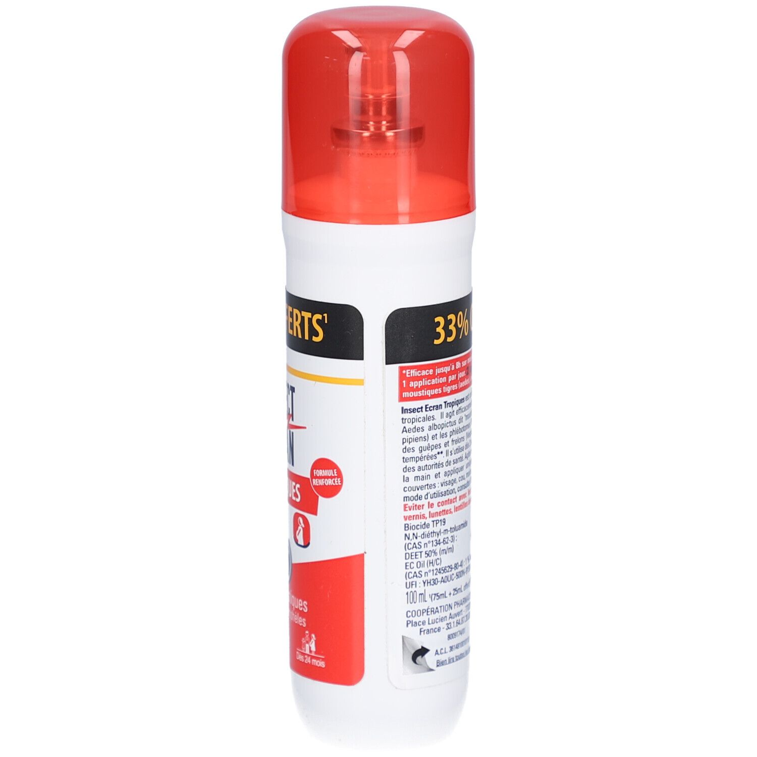 Flacon spray blanc et rouge. Texte: INSECT ECRAN TROPIQUES, 33% OFFERTS. Dos avec texte.