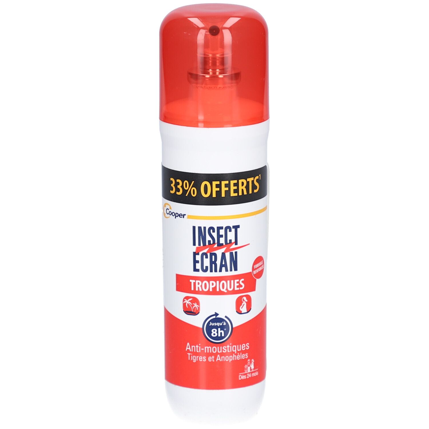 Flacon spray blanc et rouge. Texte: INSECT ECRAN TROPIQUES, 33% OFFERTS, Anti-moustiques. Tête de pulvérisation rouge.