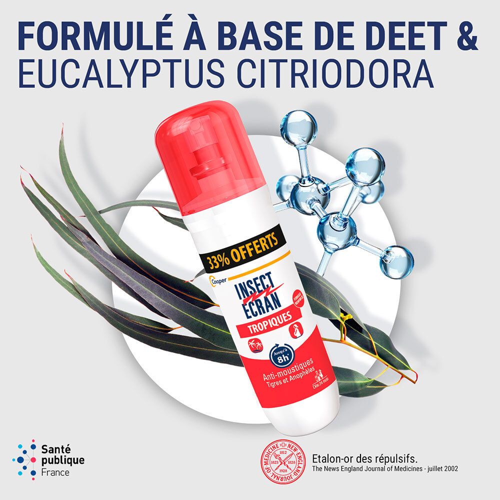 Spray Cooper Insect Ecran Tropiques à base de DEET et Eucalyptus. Avec feuilles et molécule.