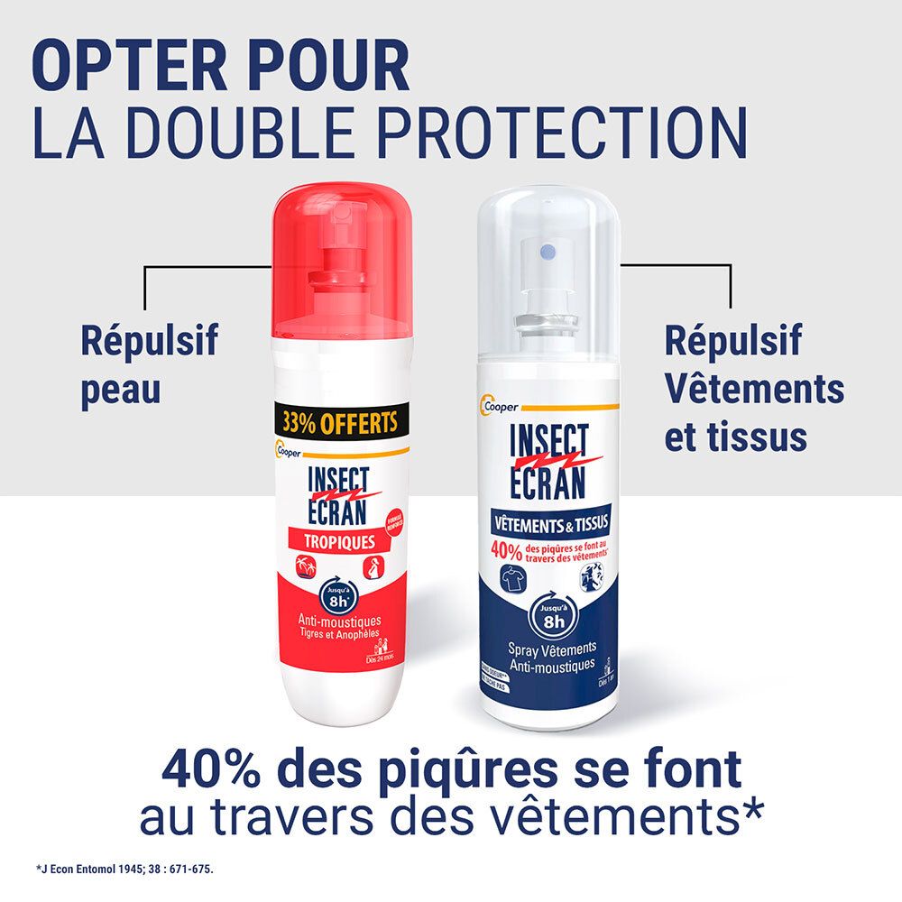 Deux sprays : un pour la peau, un pour les vêtements. Double protection.
