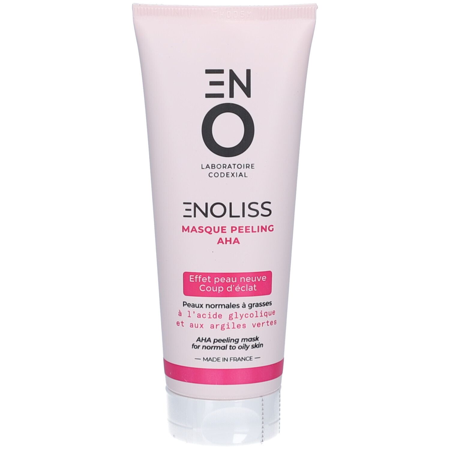 Tube rose avec bouchon blanc. Inscription: ENOLISS MASQUE PEELING AHA. Texte en français et anglais. Laboratoire Codexial.