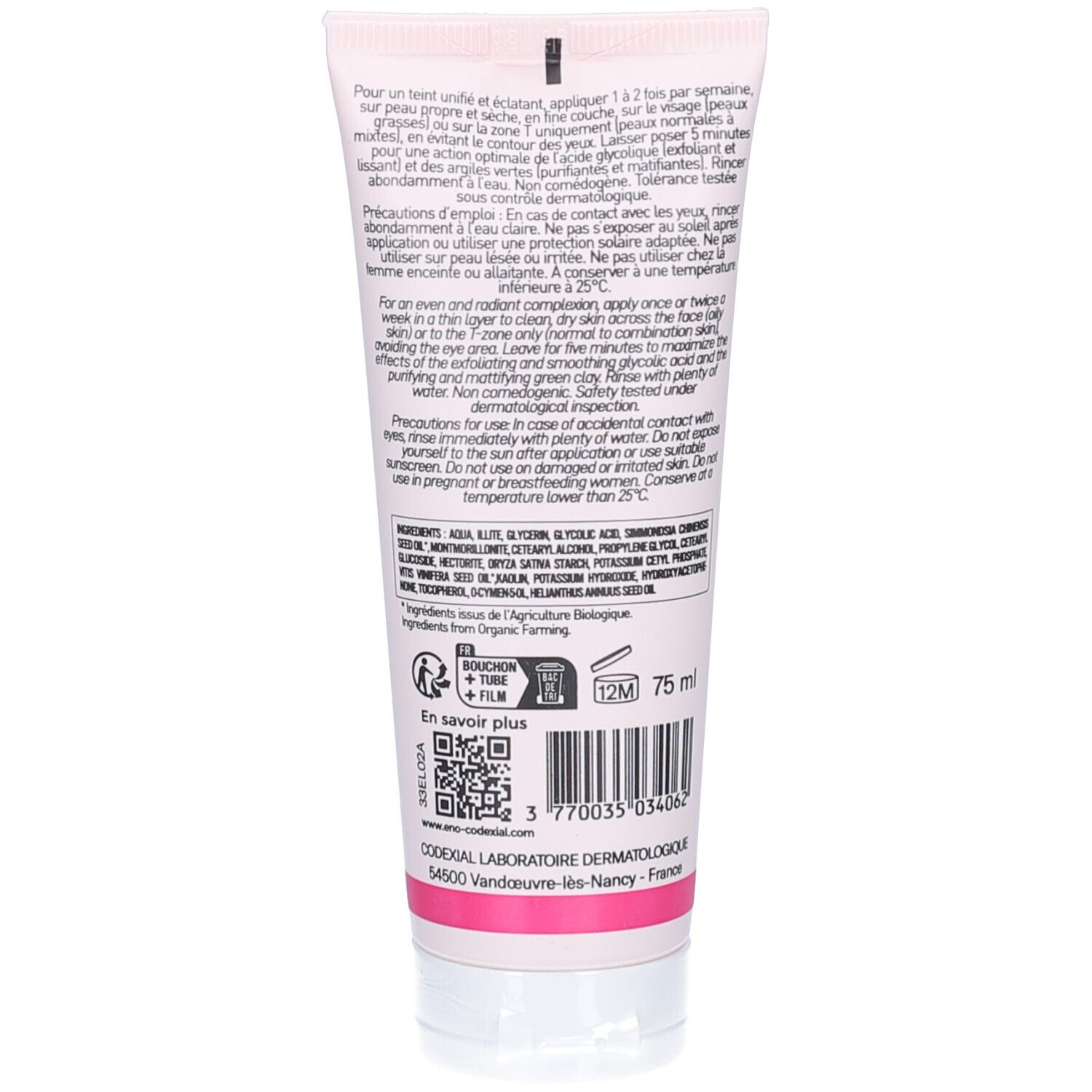 Dos d'un tube rose. Texte en français et anglais. Ingrédients et informations d'utilisation. 75 ml.