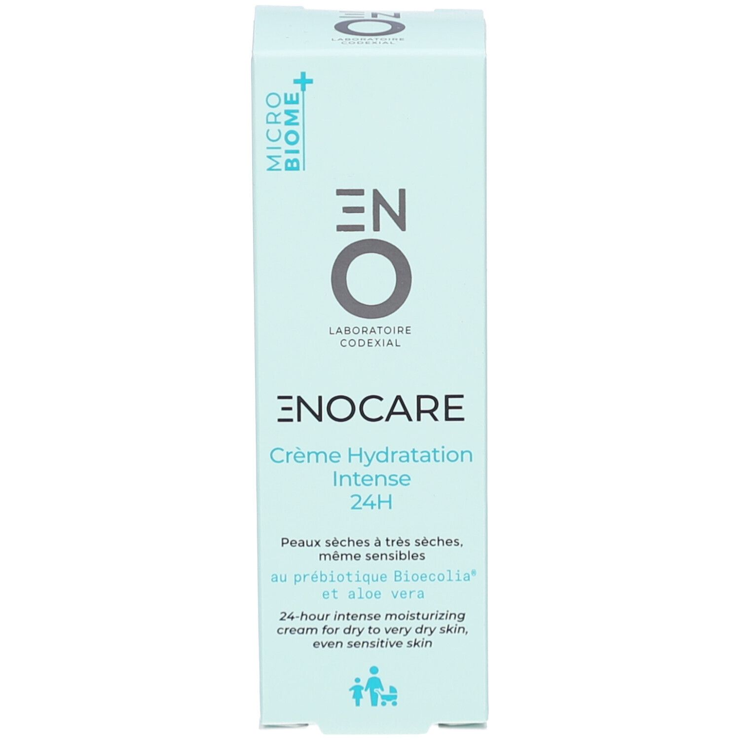 Emballage bleu clair. Contient ENOCARE Crème Hydratation Intense 24H. Logo: EN O. Texte: Peaux sèches à très sèches, même sensibles.