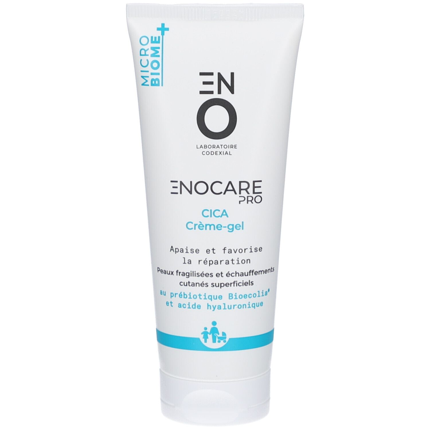 Tube blanc avec texte bleu. Nom du produit: ENOCARE PRO CICA Crème-gel. Contient du texte et des logos.