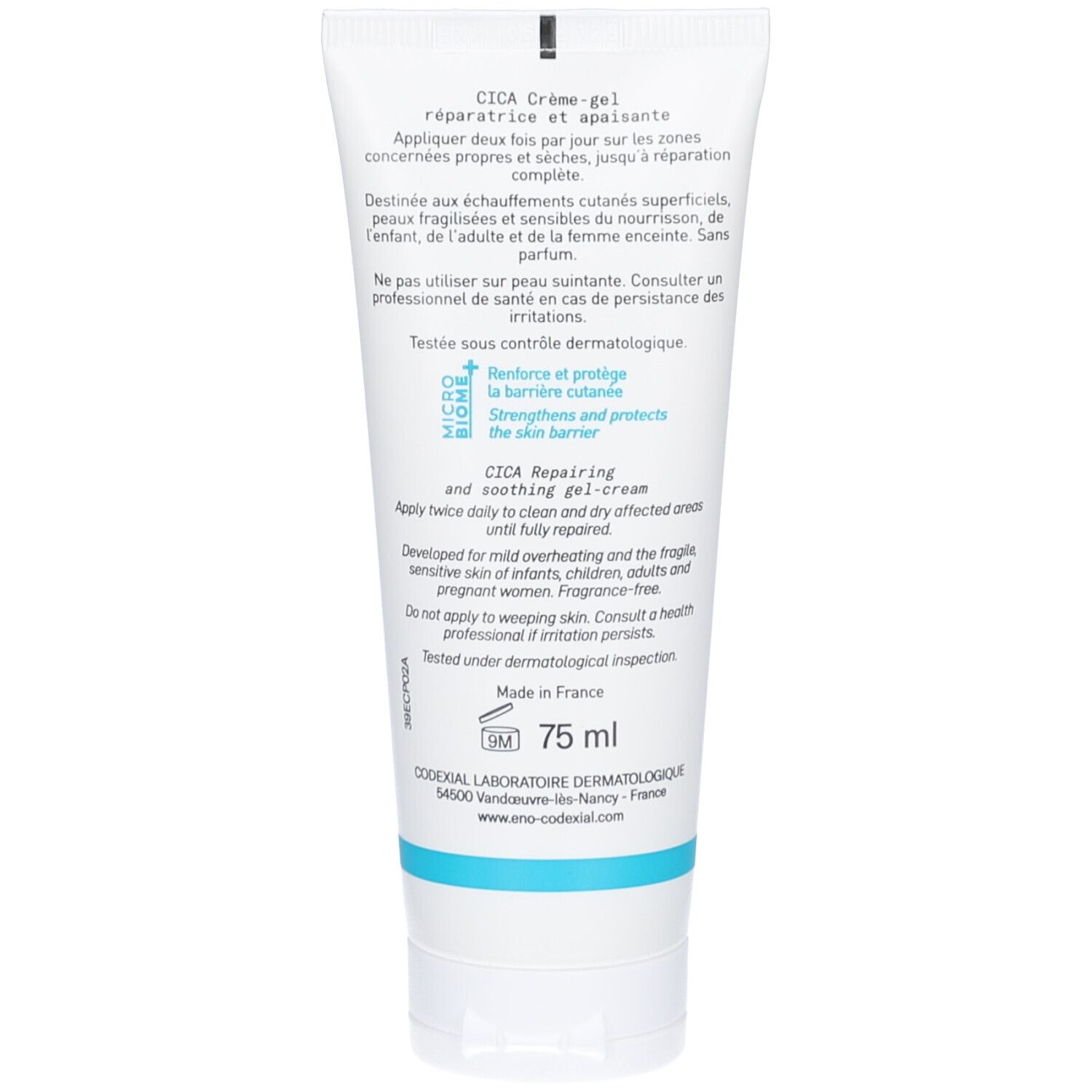 Dos du tube. Texte en plusieurs langues. Contient des informations sur l'utilisation et les ingrédients.