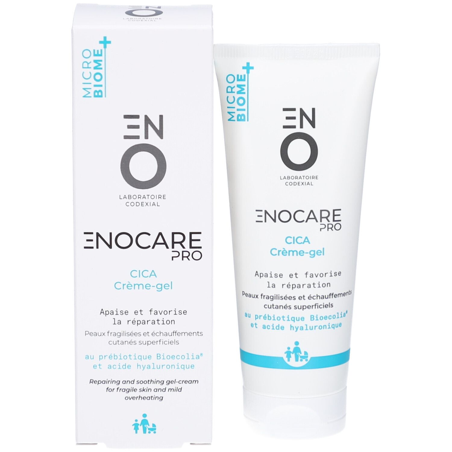 Produit et emballage. Tube et boîte blancs avec texte bleu. Nom du produit: ENOCARE PRO CICA Crème-gel.