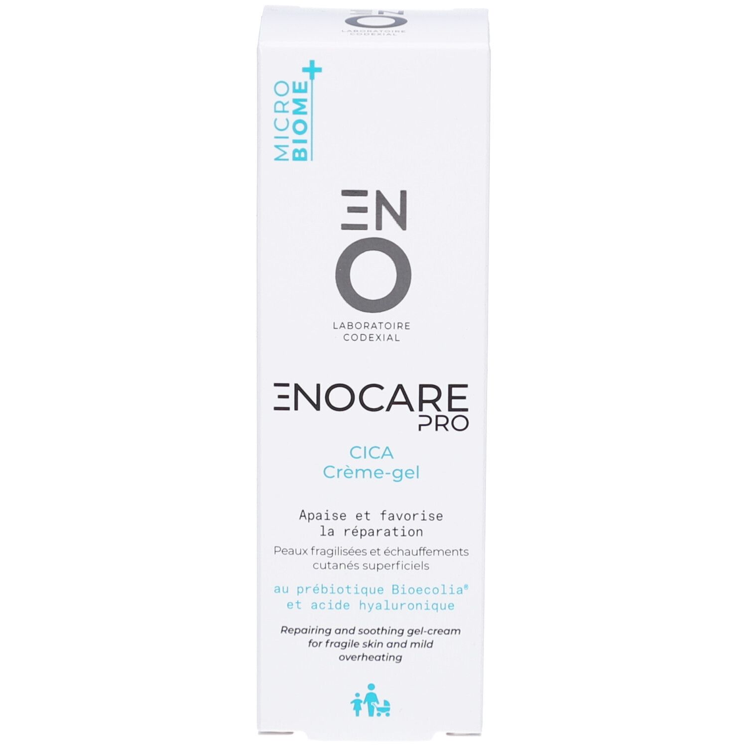 Boîte blanche avec texte bleu. Nom du produit: ENOCARE PRO CICA Crème-gel. Contient du texte et des logos.