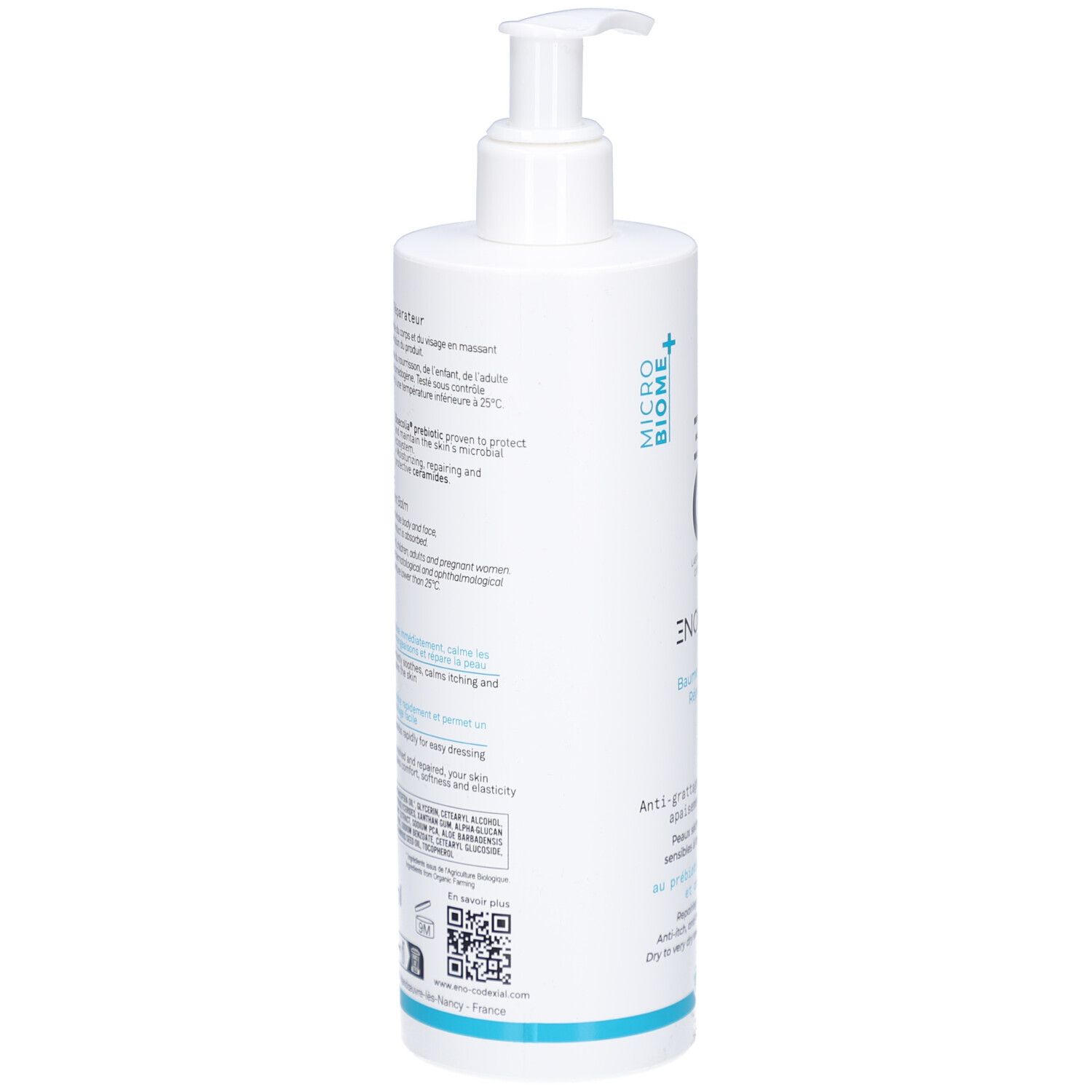Dos du flacon blanc. Texte multilingue. Code QR et informations fabricant.