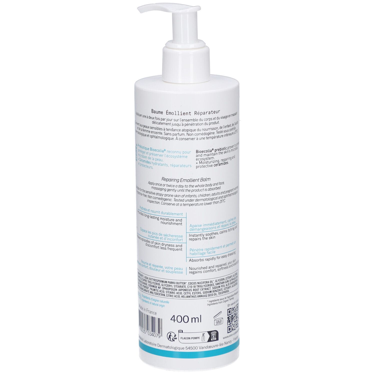 Dos du flacon blanc. Texte: 400 ml. Ingrédients et informations fabricant.