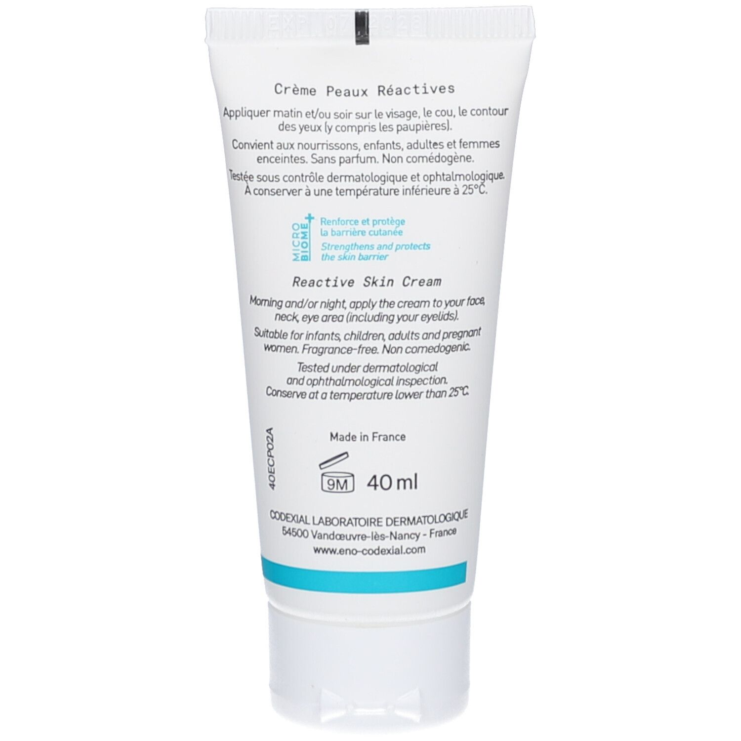 Dos du tube. Texte: Crème Peaux Réactives. Instructions en français et anglais. 40 ml. Fabriqué en France.