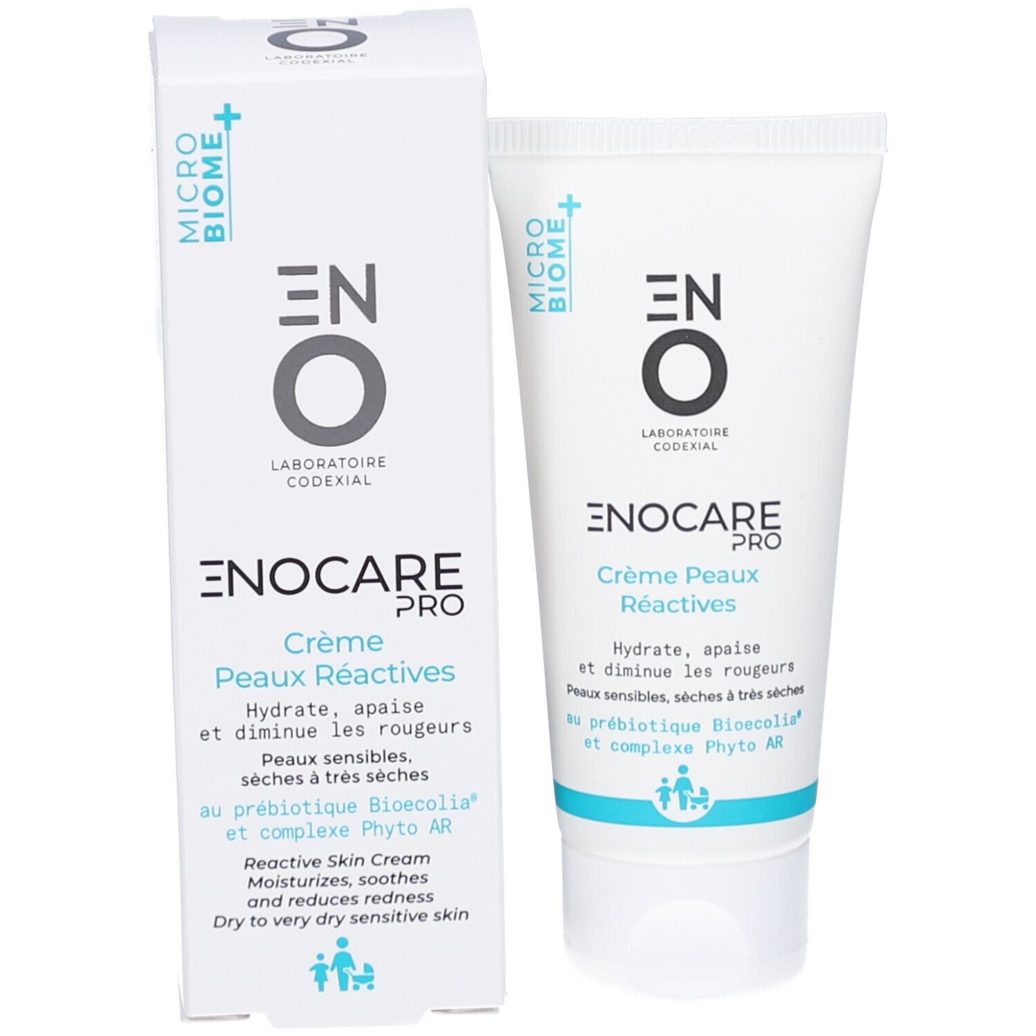 Produit et emballage. ENOCARE PRO CR PEAUX REACTIVE. Texte: Crème Peaux Réactives. Micro-Biome+. Laboratoire Coderial. Emballage blanc.