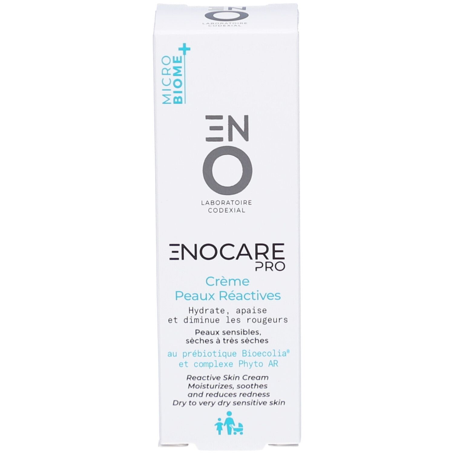 Emballage blanc. ENOCARE PRO CR PEAUX REACTIVE. Texte: Crème Peaux Réactives. Micro-Biome+. Laboratoire Coderial. Reactive Skin Cream.