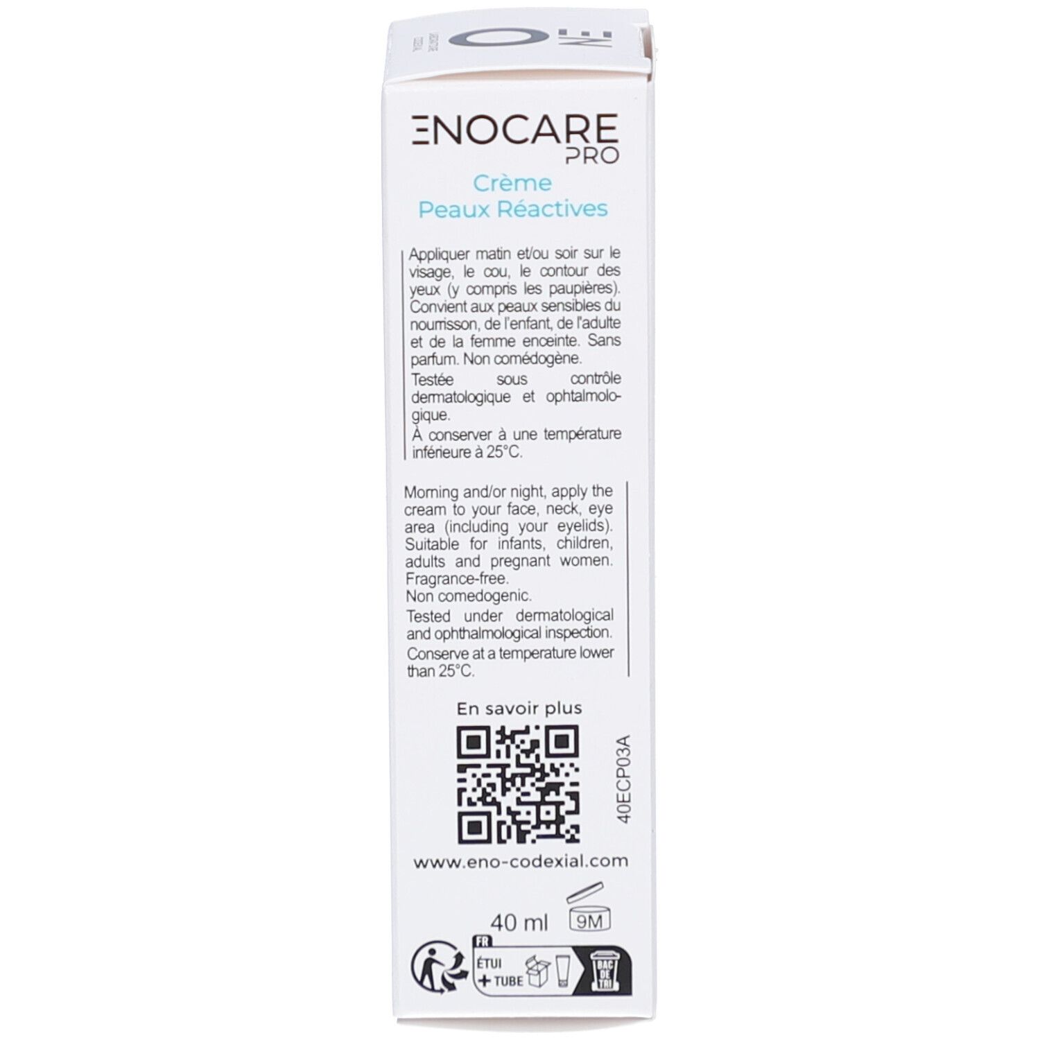 Emballage. Texte: Crème Peaux Réactives. Instructions en français et anglais. 40 ml. www.eno-codexial.com.