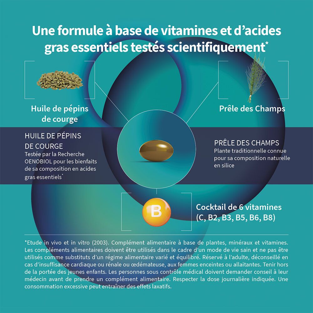 Graphique avec ingrédients: huile de pépins de courge, prêle, capsule et vitamine B. Texte sur les ingrédients.