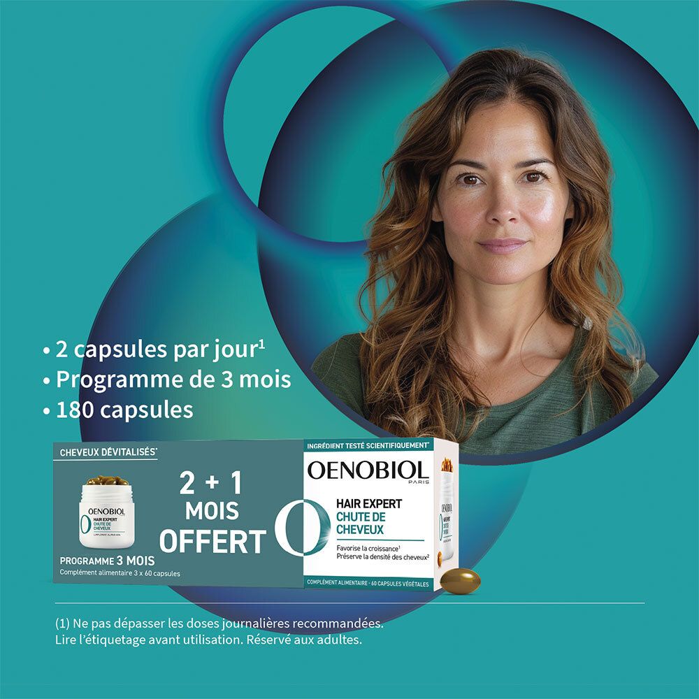 Femme aux cheveux bruns longs. Texte: 2 capsules par jour, programme 3 mois, 180 capsules. Image du produit.