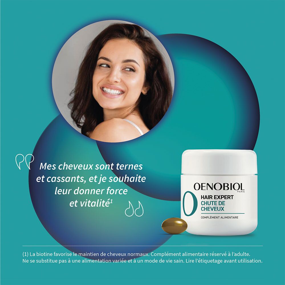 Femme aux cheveux bruns. Texte: Mes cheveux sont ternes, je veux leur donner de la force. Image du produit.