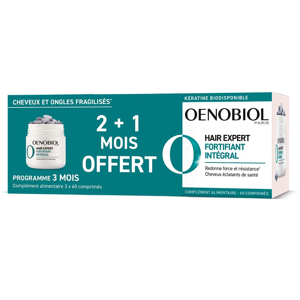 OENOBIOL HAIR EXPERT Fortifiant Intégral. Boîte de 3. Offre 2+1. Comprimés visibles. Texte: Cheveux et ongles fragilisés.