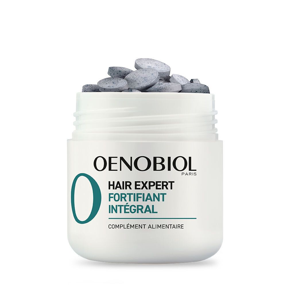 OENOBIOL HAIR EXPERT Fortifiant Intégral. Pot blanc avec comprimés. Texte: HAIR EXPERT Fortifiant Intégral. Complément alimentaire.
