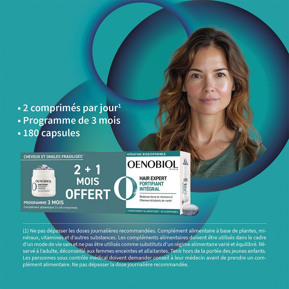 Femme avec produit. OENOBIOL HAIR EXPERT Fortifiant Intégral. Boîte de 3. Texte: 2+1 mois OFFERT. 180 capsules.