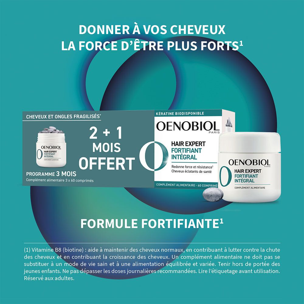 OENOBIOL HAIR EXPERT Fortifiant Intégral. Boîte et pot. Texte: 2+1 mois OFFERT. Formule fortifiante.