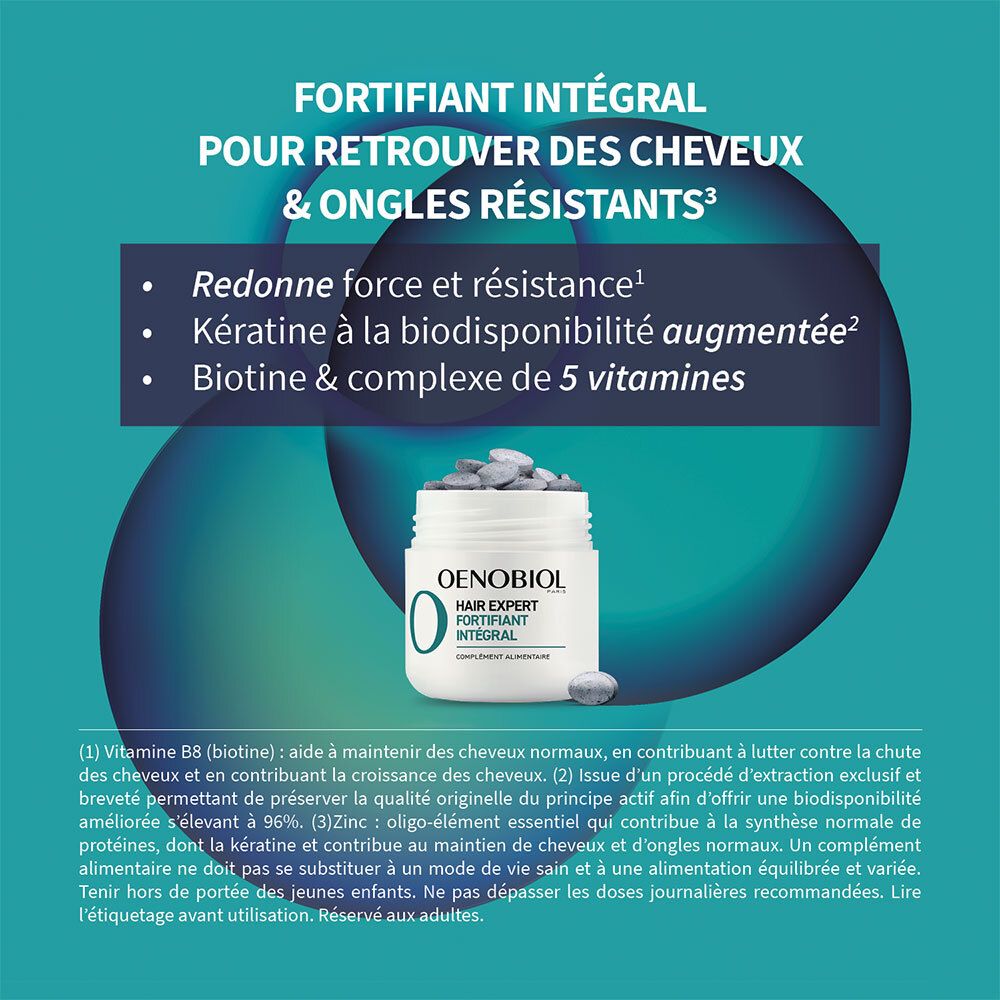 OENOBIOL HAIR EXPERT Fortifiant Intégral. Pot avec comprimés. Texte: Redonne force et résistance. Biotine & 5 vitamines.
