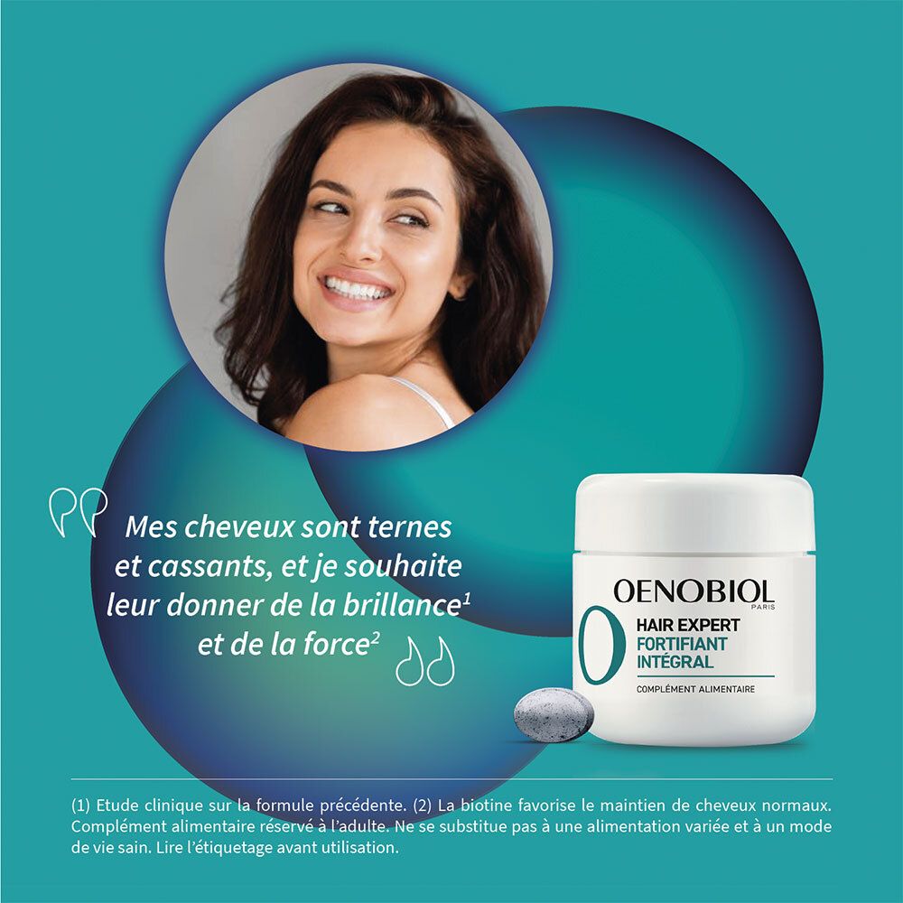 Femme avec produit. OENOBIOL HAIR EXPERT Fortifiant Intégral. Pot avec comprimés. Texte: Mes cheveux sont ternes.