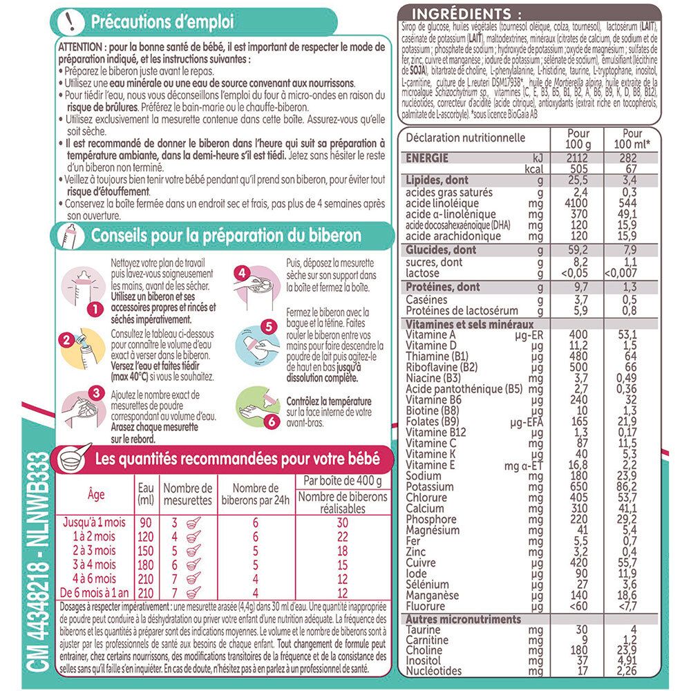 Dos de la boîte avec informations. Contient conseils d'emploi, informations nutritionnelles et quantités recommandées pour bébé.
