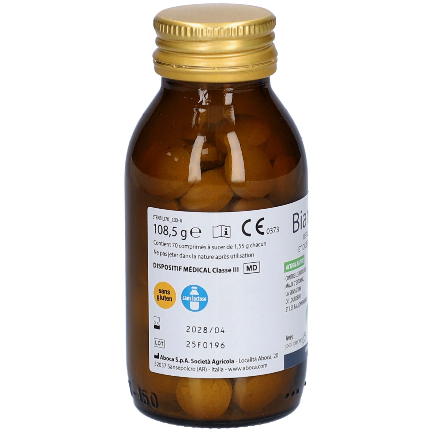 Flacon en verre brun avec bouchon doré. Contient des comprimés. Étiquette avec informations produit et marquage CE.