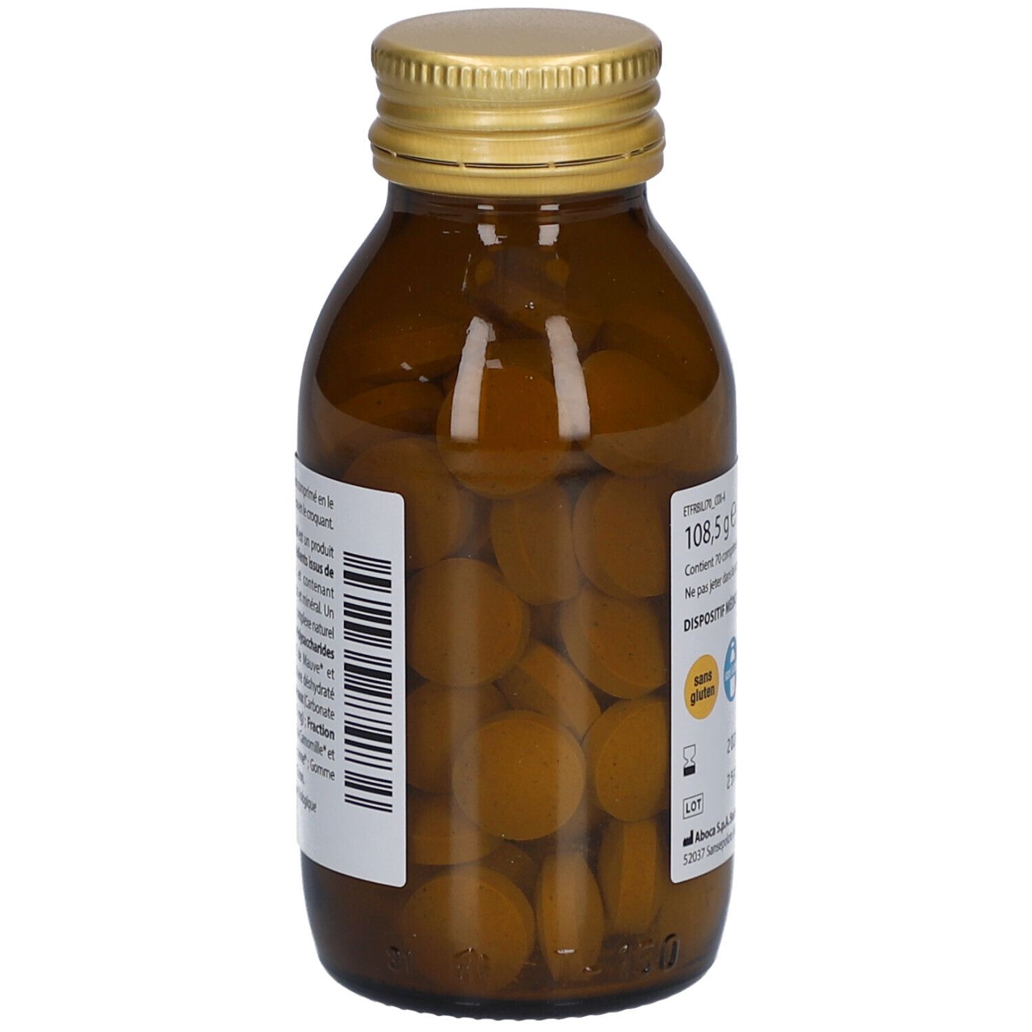 Flacon en verre brun avec bouchon doré. Comprimés visibles. Étiquette avec informations produit et marquage CE.