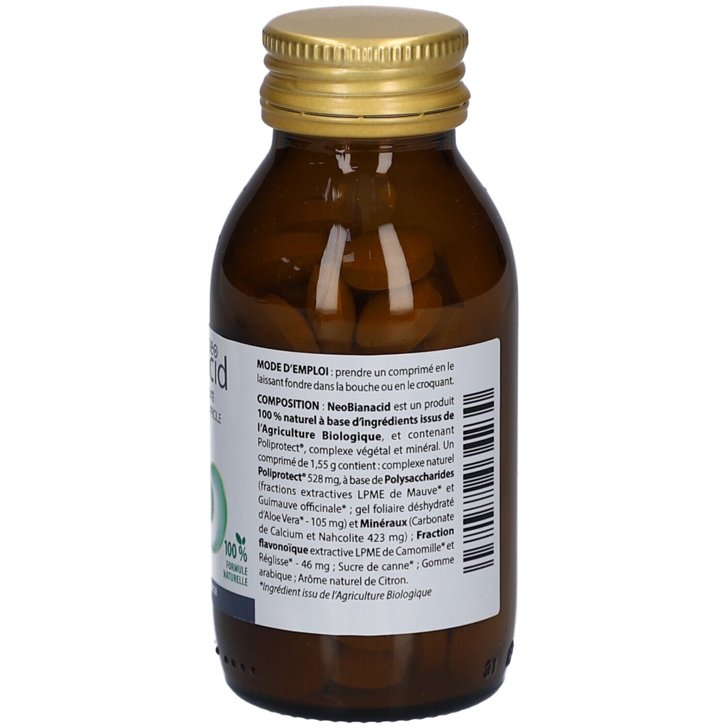 Flacon en verre brun avec bouchon doré. Comprimés visibles. Étiquette avec informations produit, ingrédients et marquage CE.