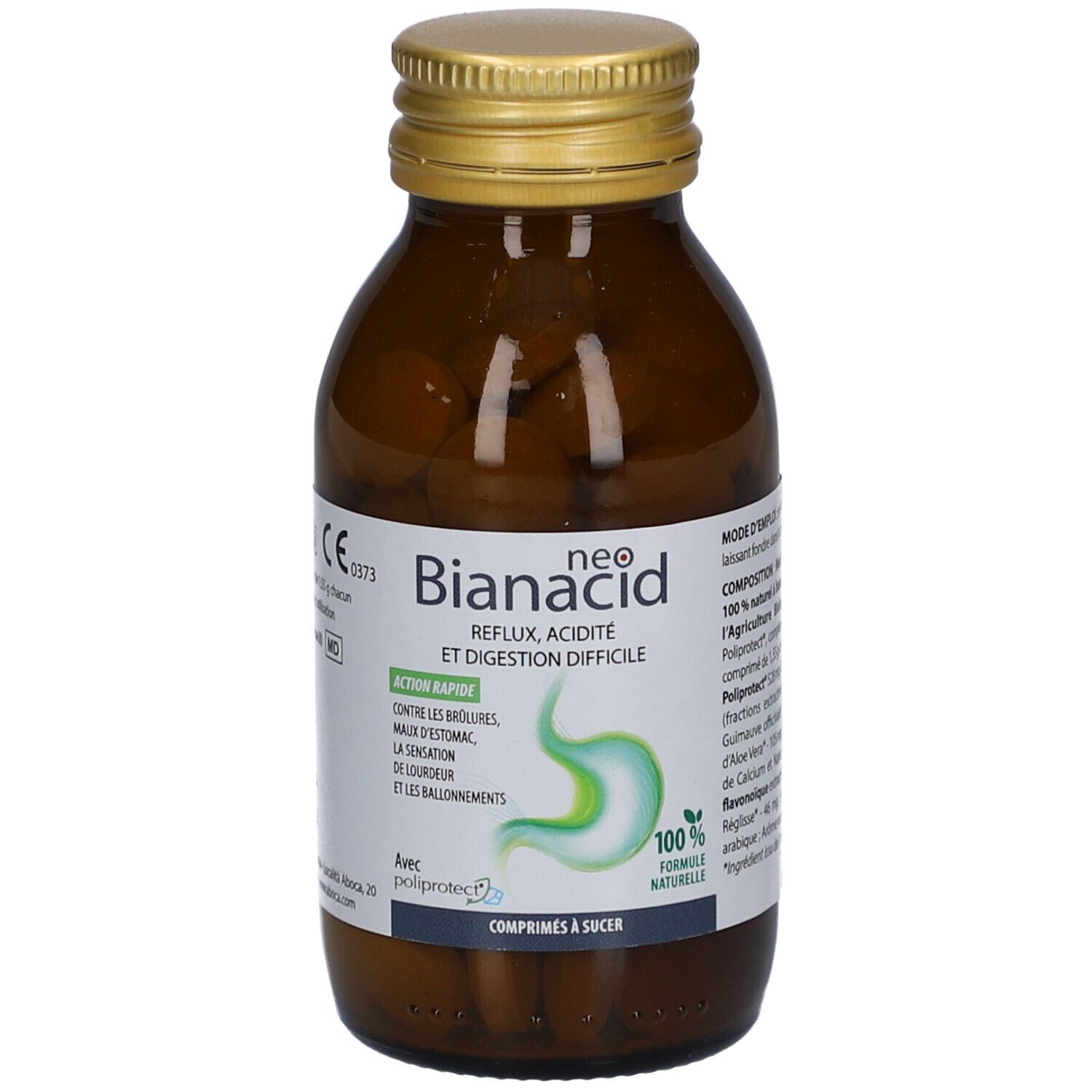 Flacon en verre brun avec bouchon doré. Étiquette avec nom du produit, indications et marquage CE.