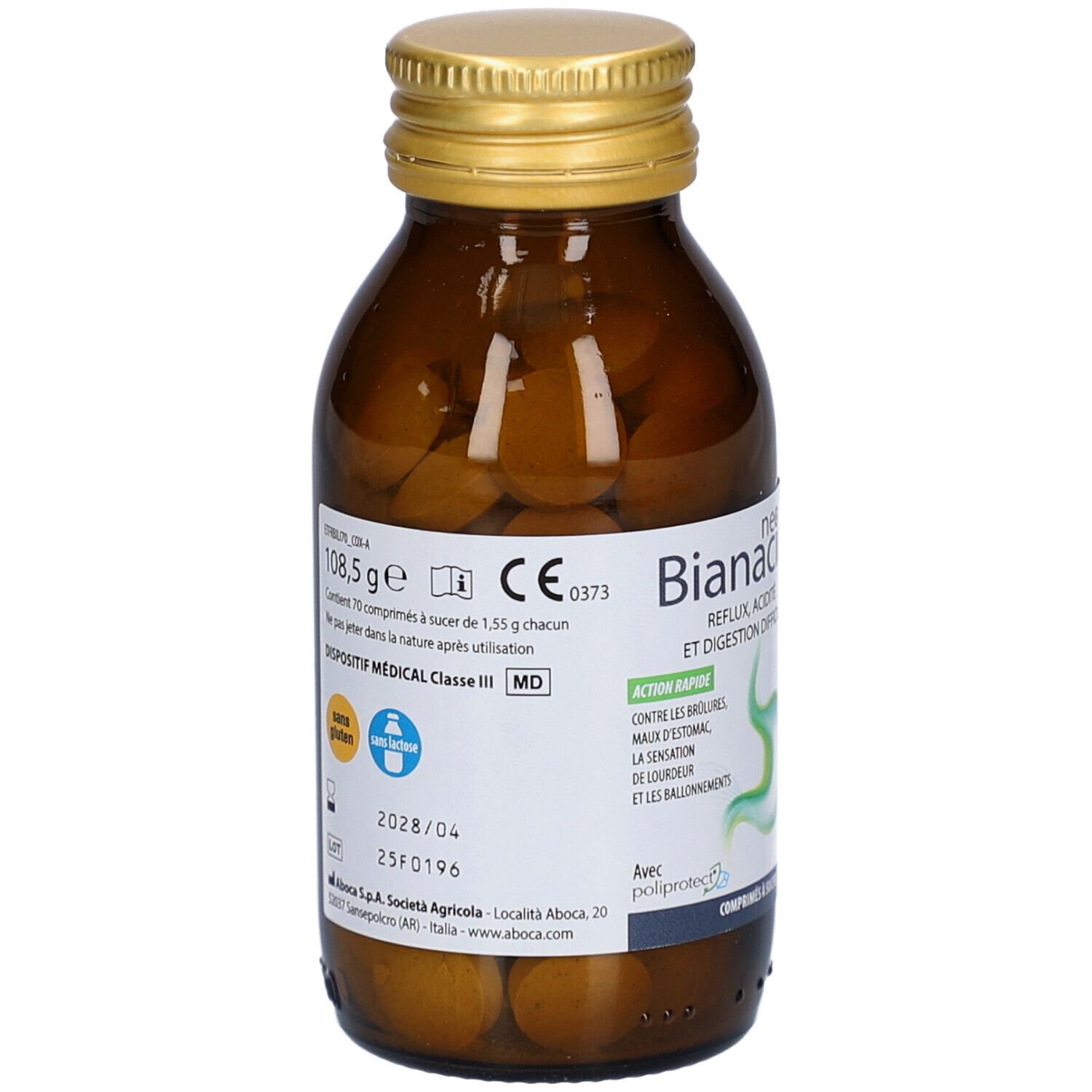 Flacon en verre brun avec bouchon doré. Étiquette avec nom du produit, indications et marquage CE.